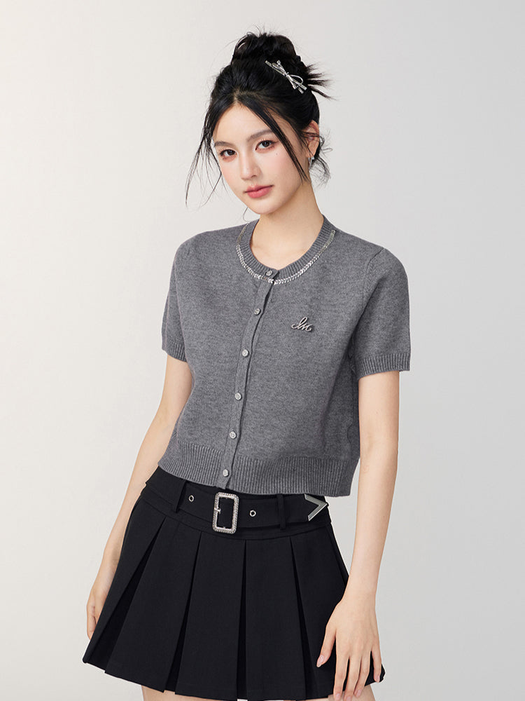 Rhinestone Button Knitted Short-Sleeve Cardigan