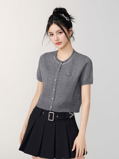 Rhinestone Button Knitted Short-Sleeve Cardigan