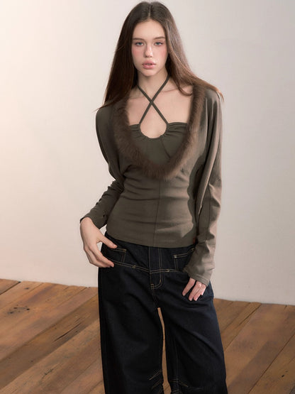 Fox-Trim Halter Knit Top