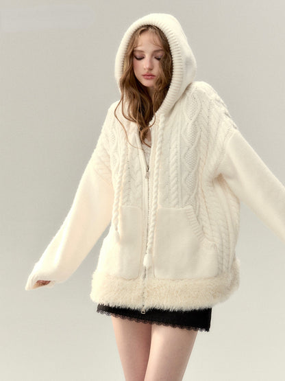 Off-white &amp; Khaki Twisted Knit Hooded Sweater
