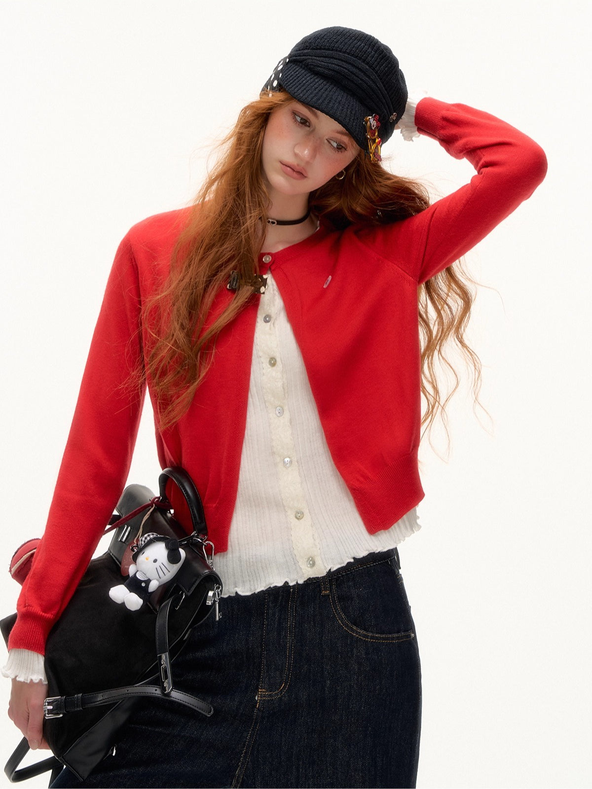 Contrast Mock-Layer Knit Cardigan
