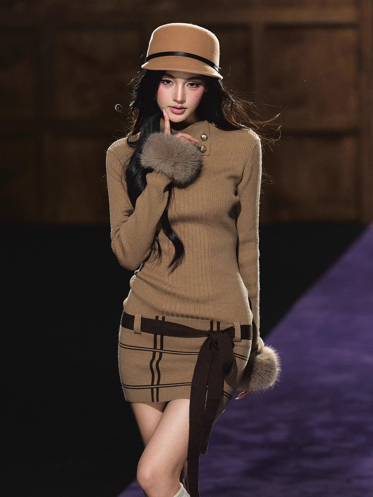 Turtleneck Fuzzy-Cuff Knit Dress