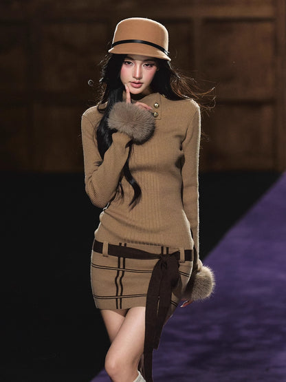Turtleneck Fuzzy-Cuff Knit Dress