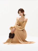 Brown Off Shoulder Butterfly Knot Maxi Dress
