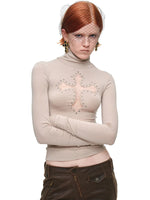 Cross Lace Rhinestone Turtleneck Top