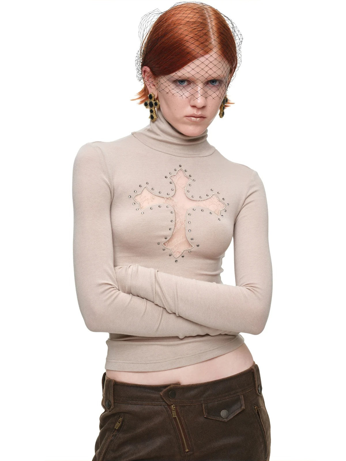Cross Lace Rhinestone Turtleneck Top