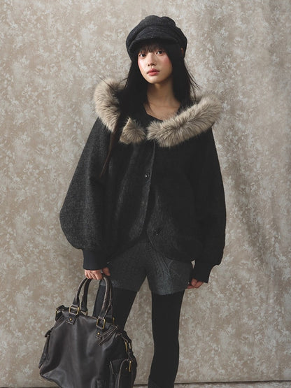 Wool Fur Trim Cape Coat