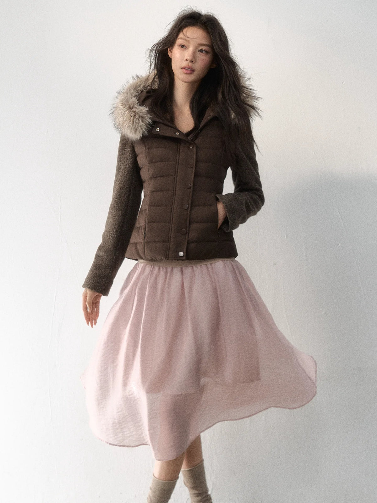 Fur-Trimmed Hooded Panelled Down Jacket