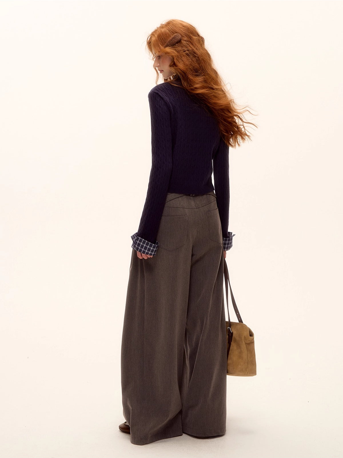 Plaid-Collar Cable Knit Top