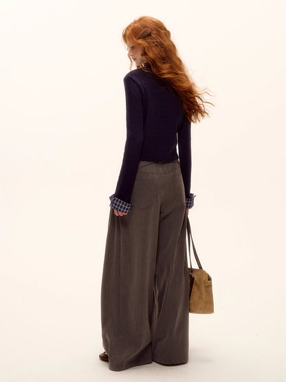 Plaid-Collar Cable Knit Top