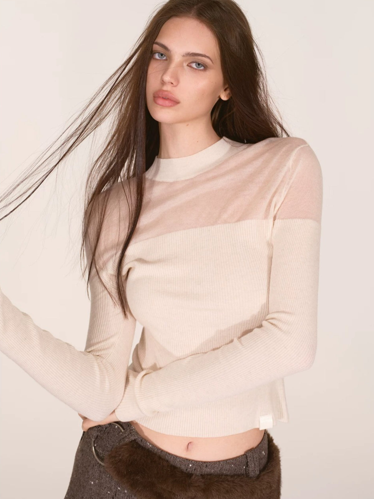Sheer Mesh Mock Neck Fitted Knit Top