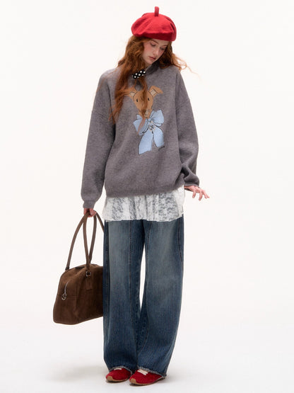 Bow-Knot Puppy Jacquard Pullover Sweater