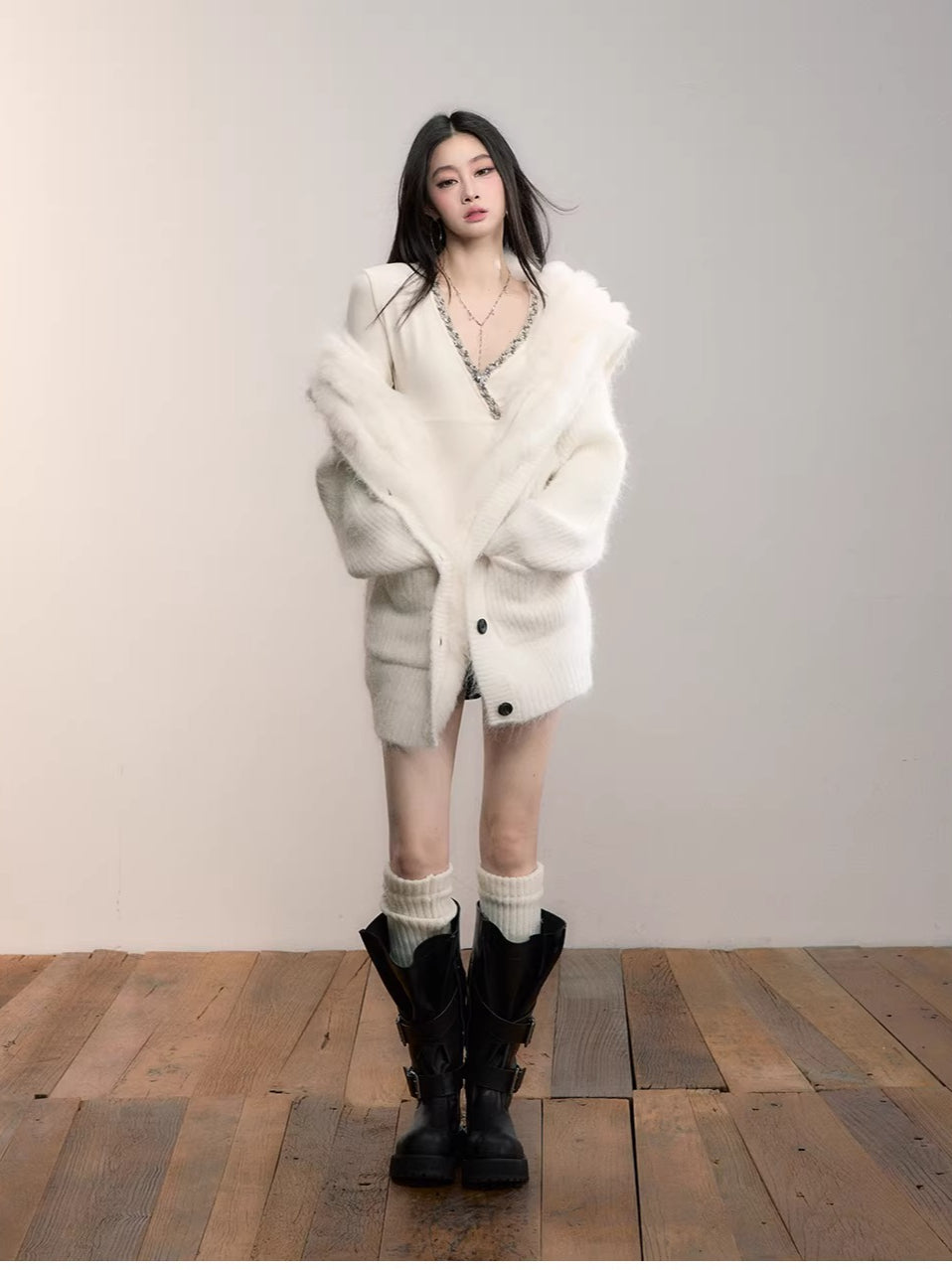Fox Fur Large Notch Collar Cardigan