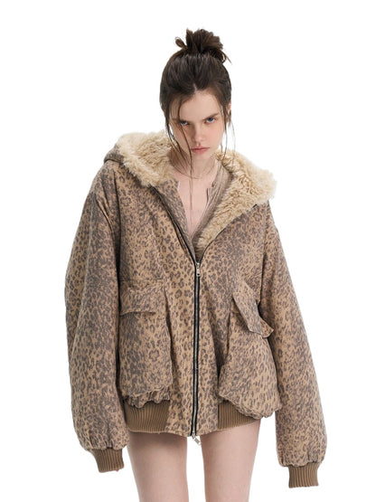 Leopard Printed Faux Fur Hooded Jacket