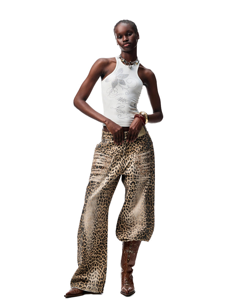 Washed Leopard Print Canvas Curved Pants