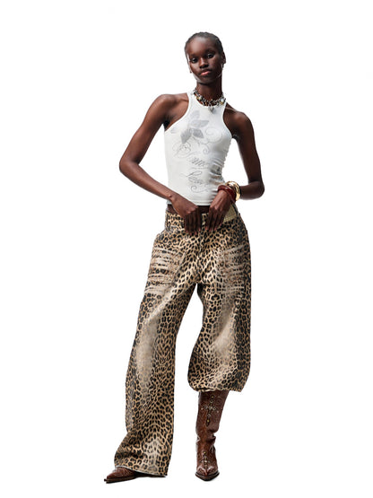 Washed Leopard Print Canvas Curved Pants