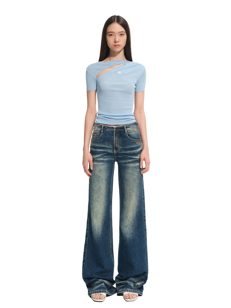 Diagonal Open Hollow-out Asymmetric Regular Shoulder T-Shirt