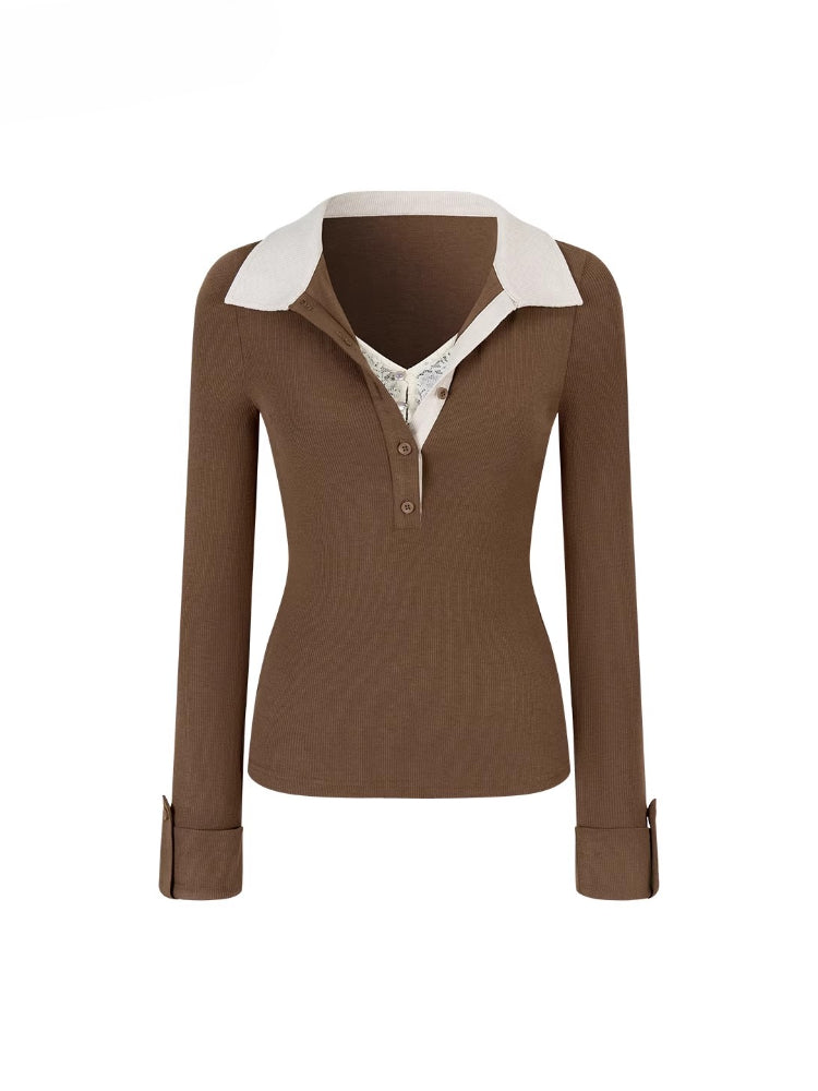 Contrast Collar Lace-Trim Long Sleeve T-shirt