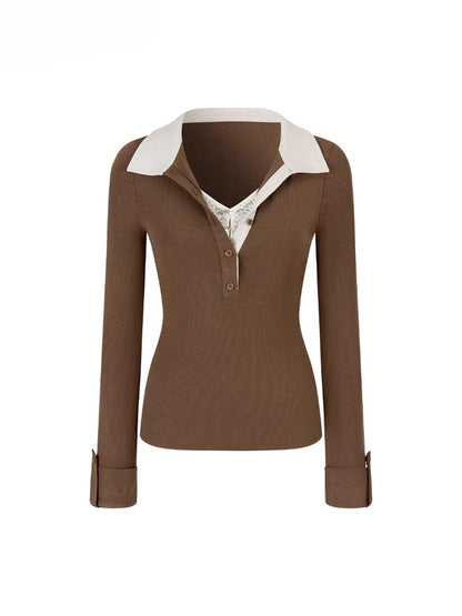 Contrast Collar Lace-Trim Long Sleeve T-shirt