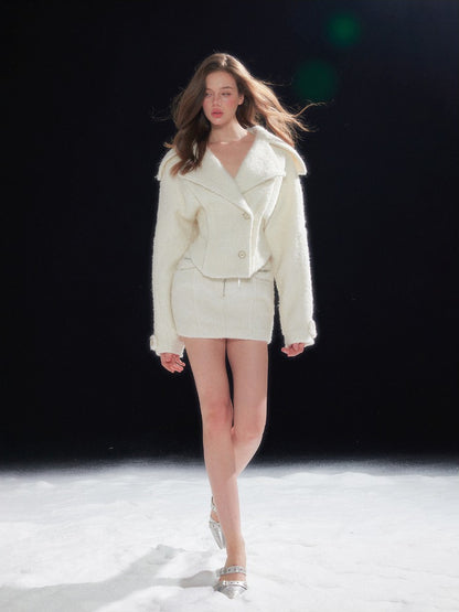 Shearling Collar Waist-Cinching Coat &amp; Wool Skirt Set