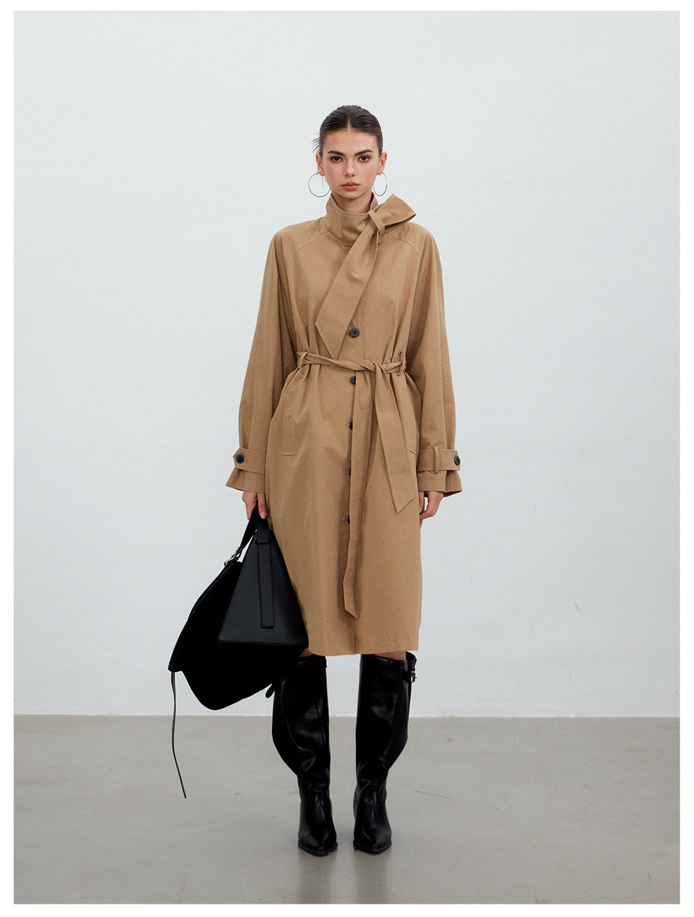 Khaki Stand Collar Belted Trench Coat