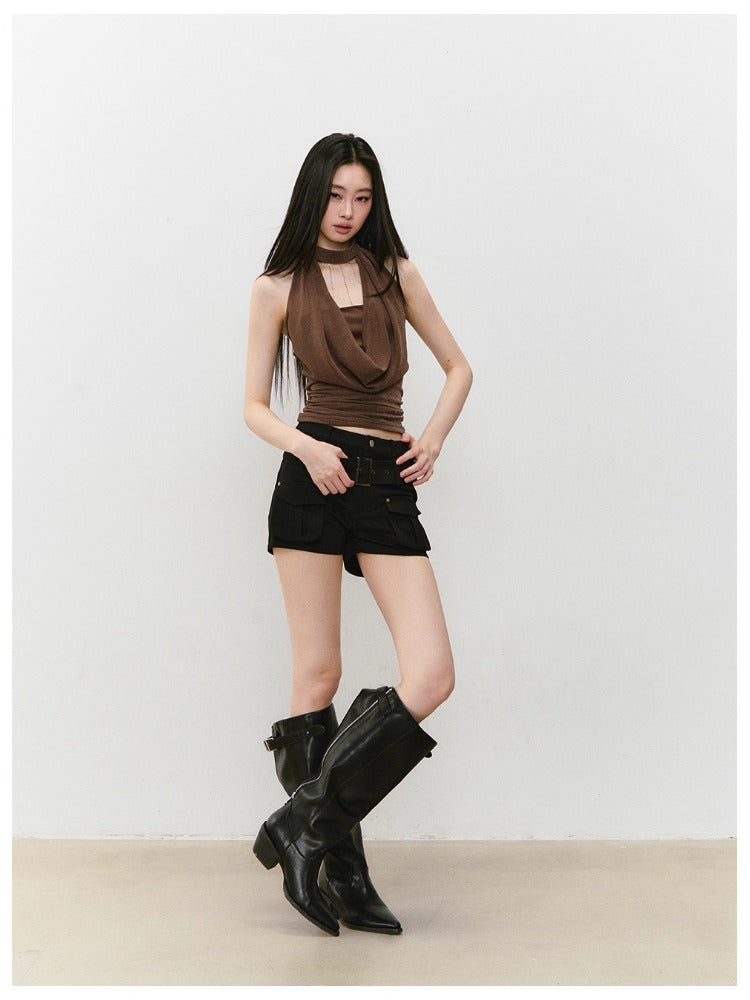 Chain Swing-neck Halter Neckline-gathered Waist Tank Top