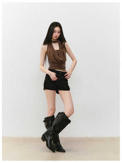 Chain Swing-neck Halter Neckline-gathered Waist Tank Top