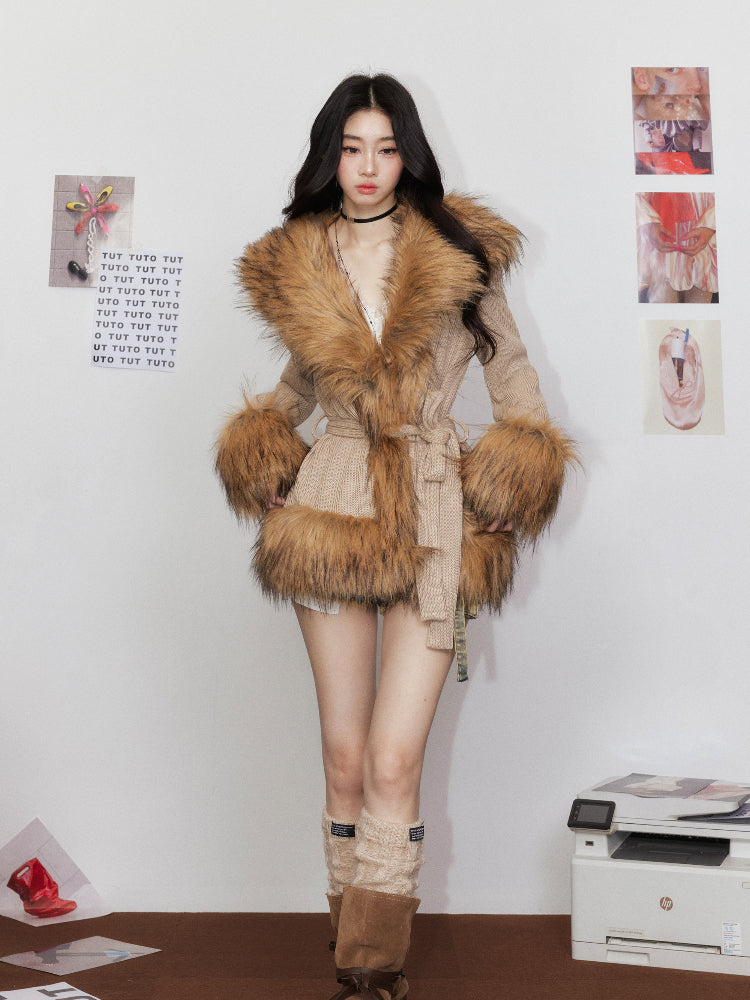 Knitted Fur Thickened Waist-Cinching Coat