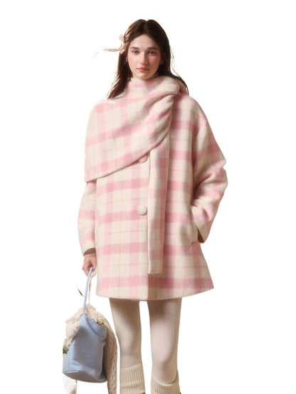 Baby Pink Raspberry Check Wool-Like Cape Coat