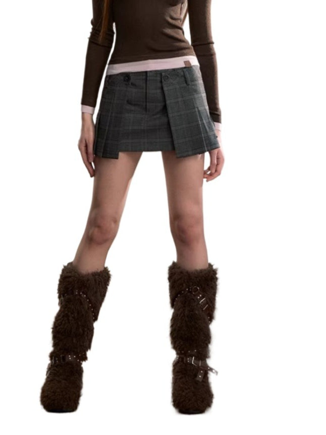 Gray Plaid Double Waist Pleated Skirt