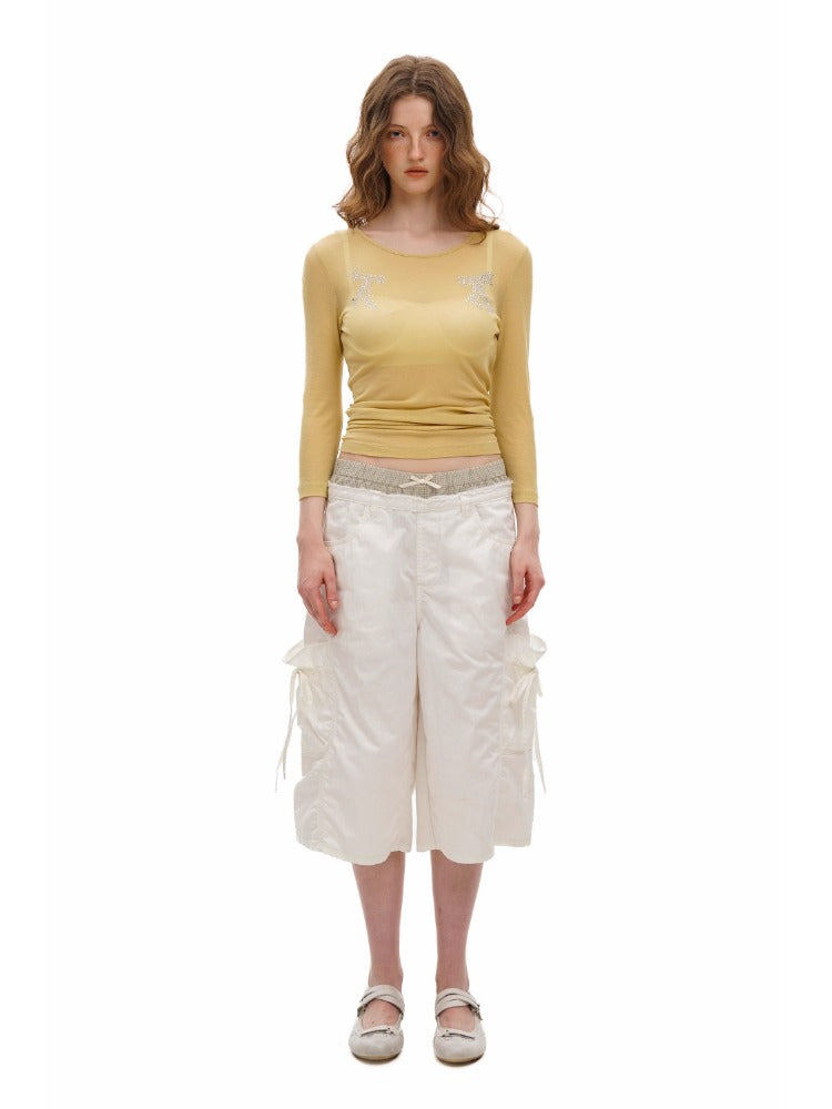 2-in-1 Plaid Satin Ribbon Bow Capri Pants