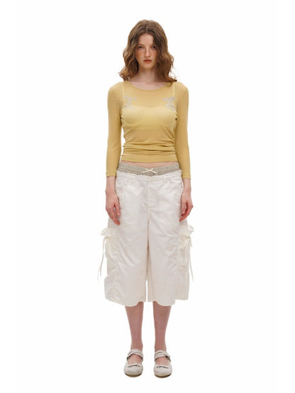 2-in-1 Plaid Satin Ribbon Bow Capri Pants