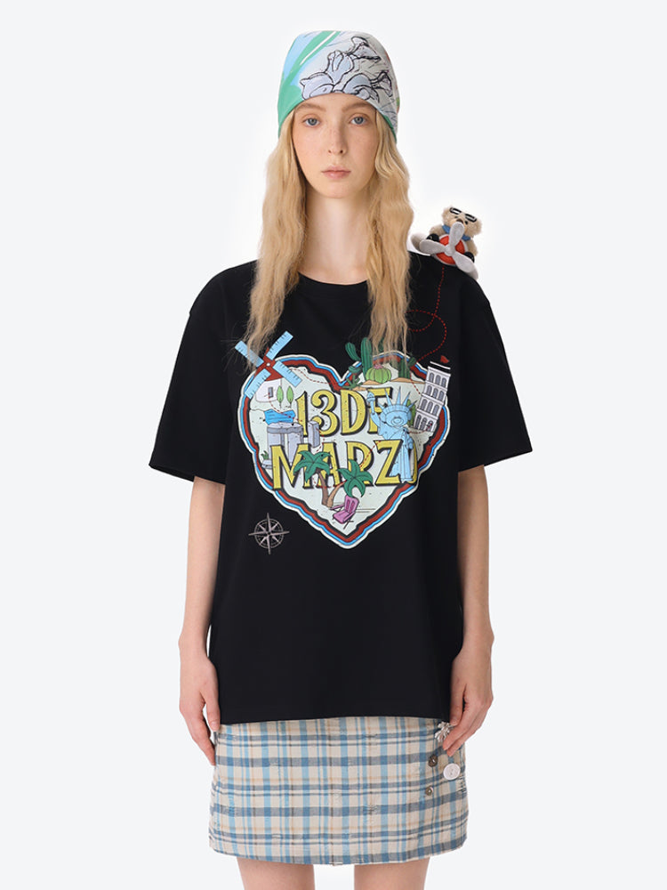 Map Illustration Crew Neck Short Sleeve T-shirt