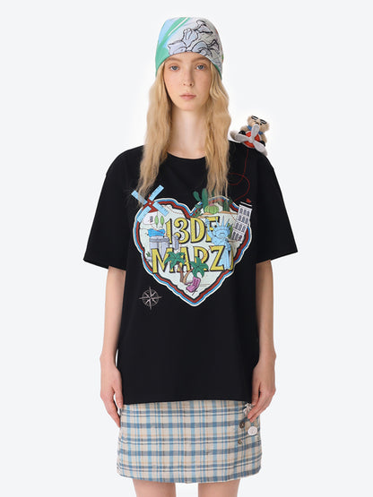 Map Illustration Crew Neck Short Sleeve T-shirt