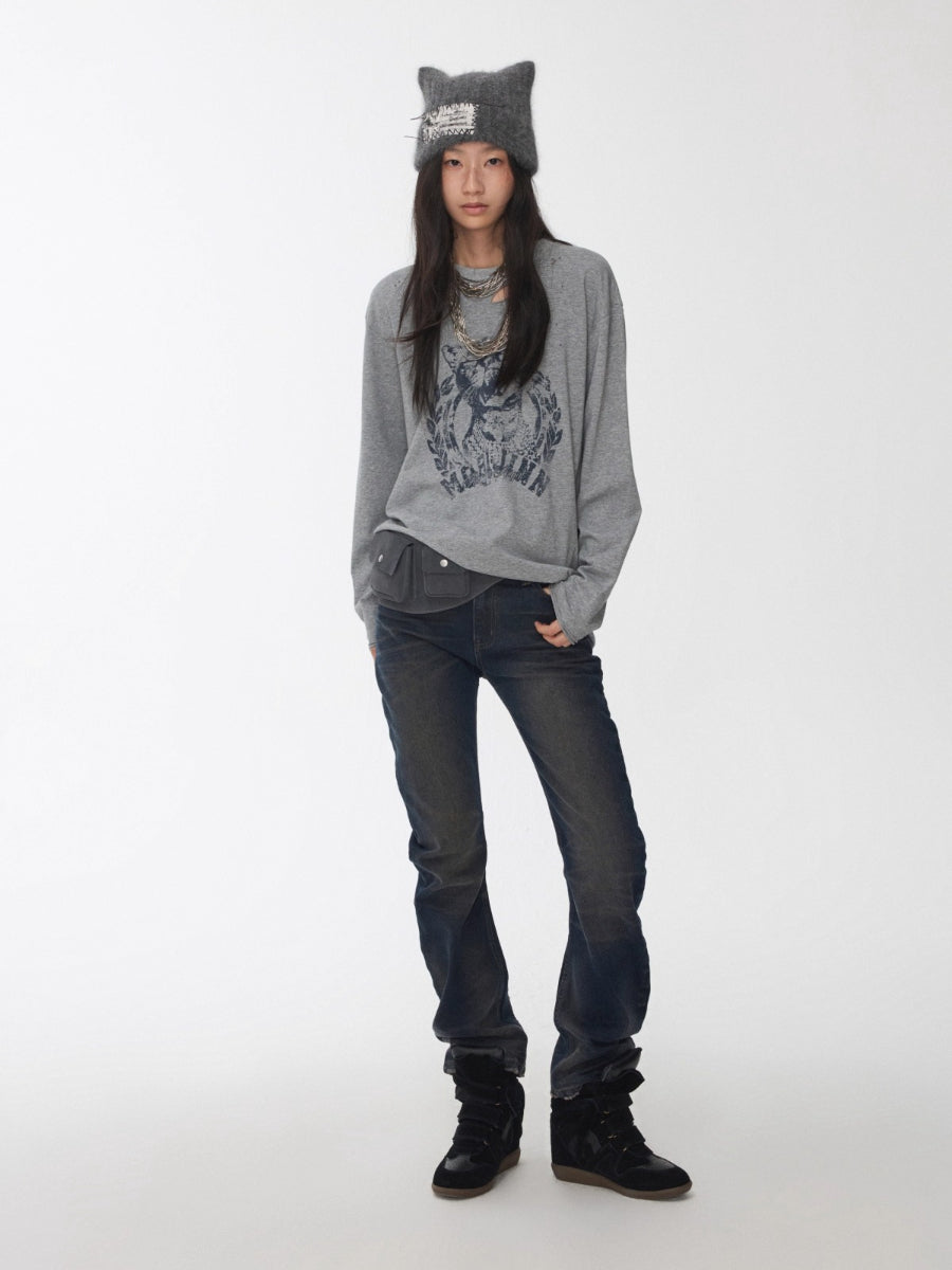 Distressed Cat Graphic Long Sleeve Cotton T-shirt