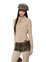 Drape-Neck Slim Knit Top