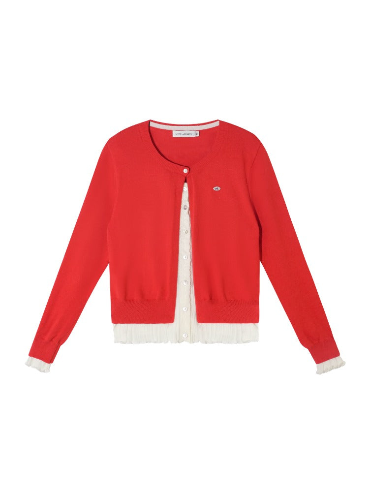 Contrast Mock-Layer Knit Cardigan