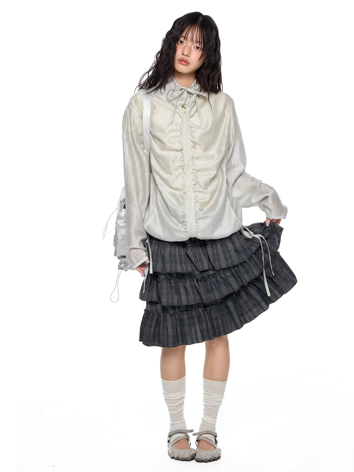 Gathered Tie Plaid Lightweight Blouse