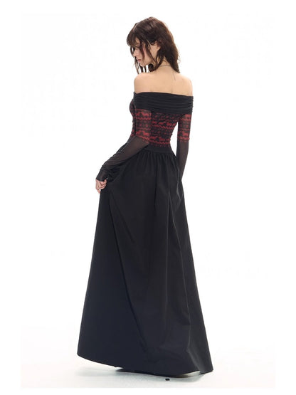 Black-Spliced Slim Off-Shoulder Dress