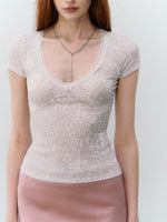 Pink & Green Lace Knit V‑Neck Tee