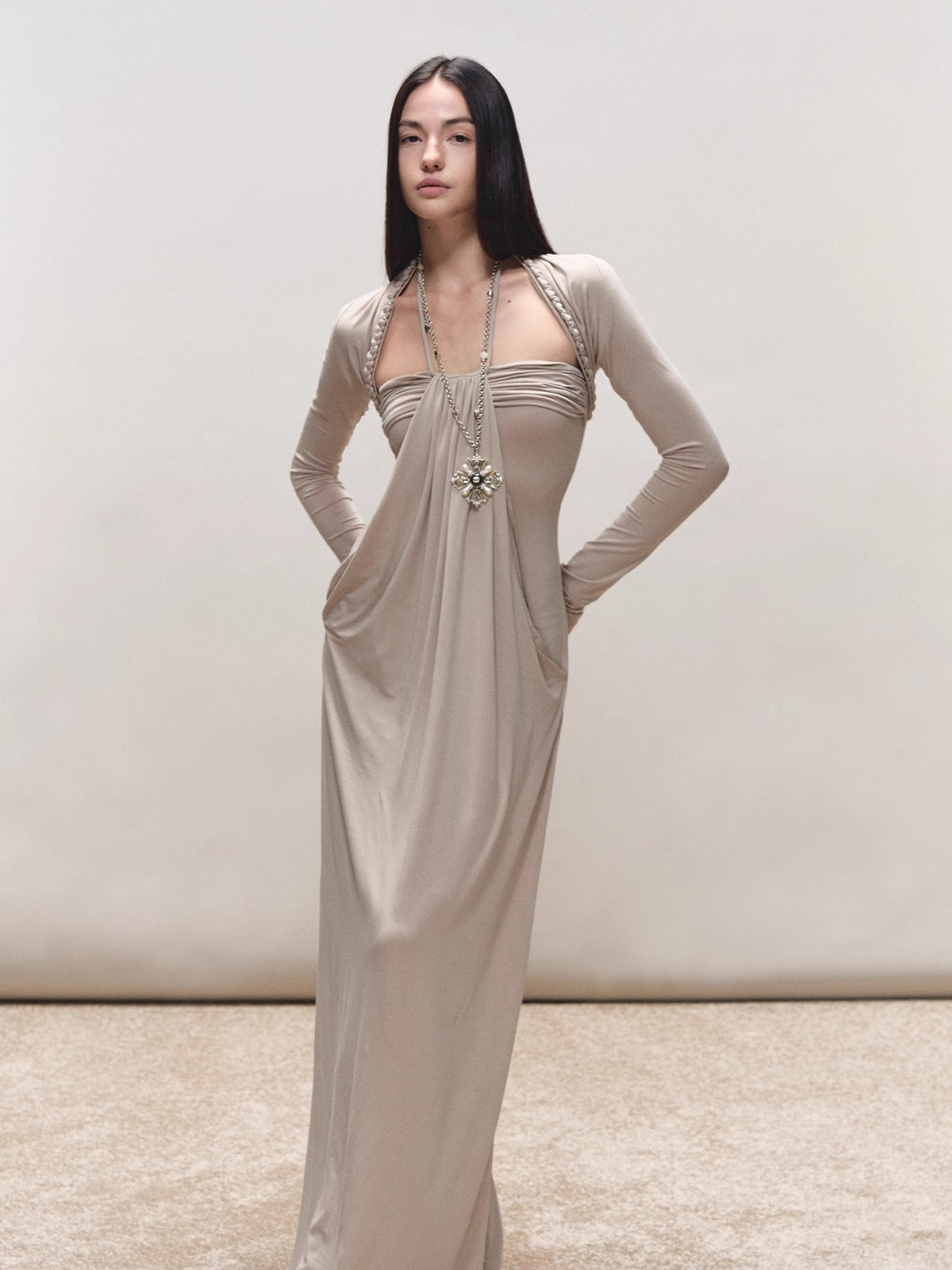 Khaki Lyocell Braided-Halter Ruched Dress Set