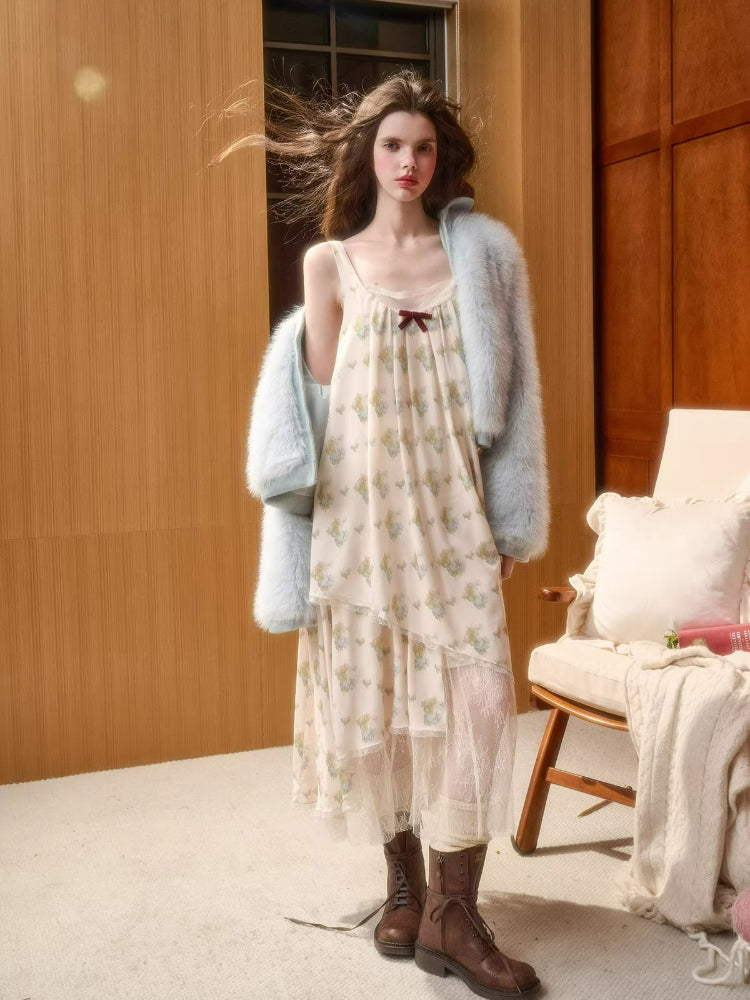 Blue Doll Collar Faux Fur Jacket