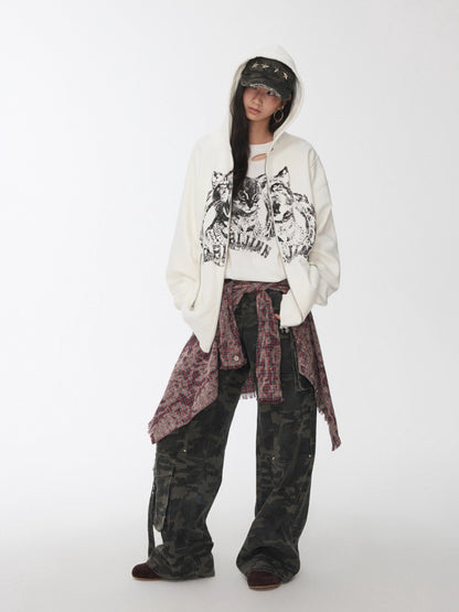 Cat Graphic Double-Zip Convertible Hoodie Jacket