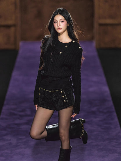 Black Corduroy Double-Breasted Shorts