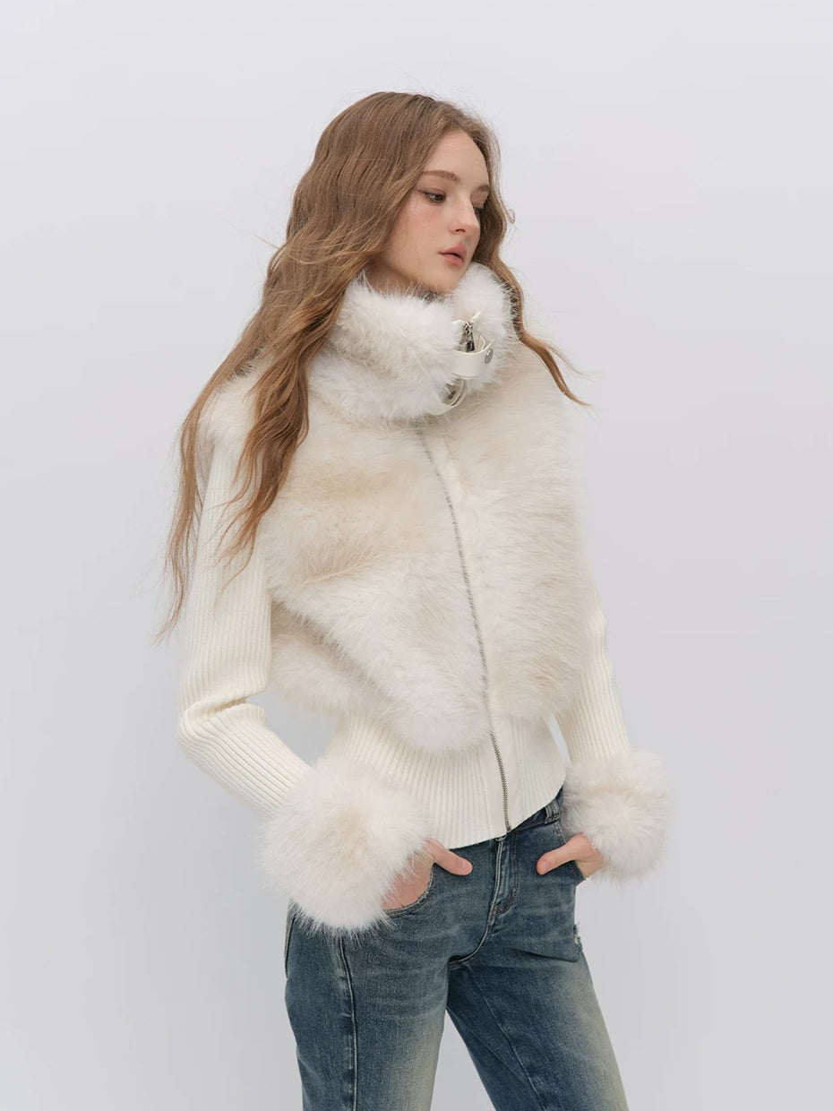 Faux Fur Patchwork Fitted Knit Jacket
