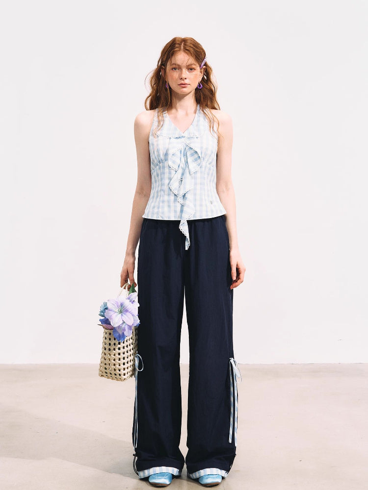 Floral-Patchwork Lightweight Checkered Utility Pants
