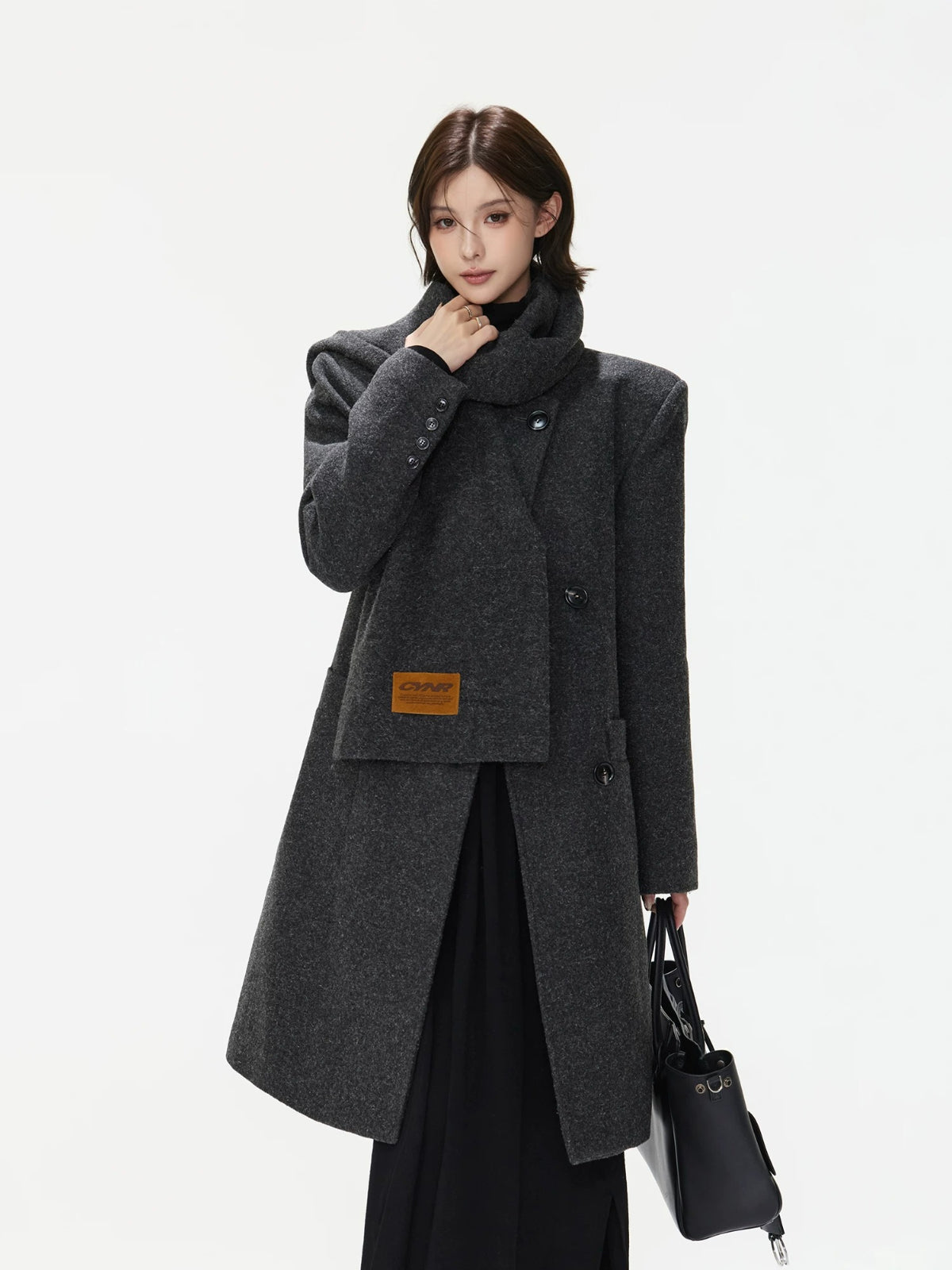Detachable Scarf Double Breasted Wool Coat