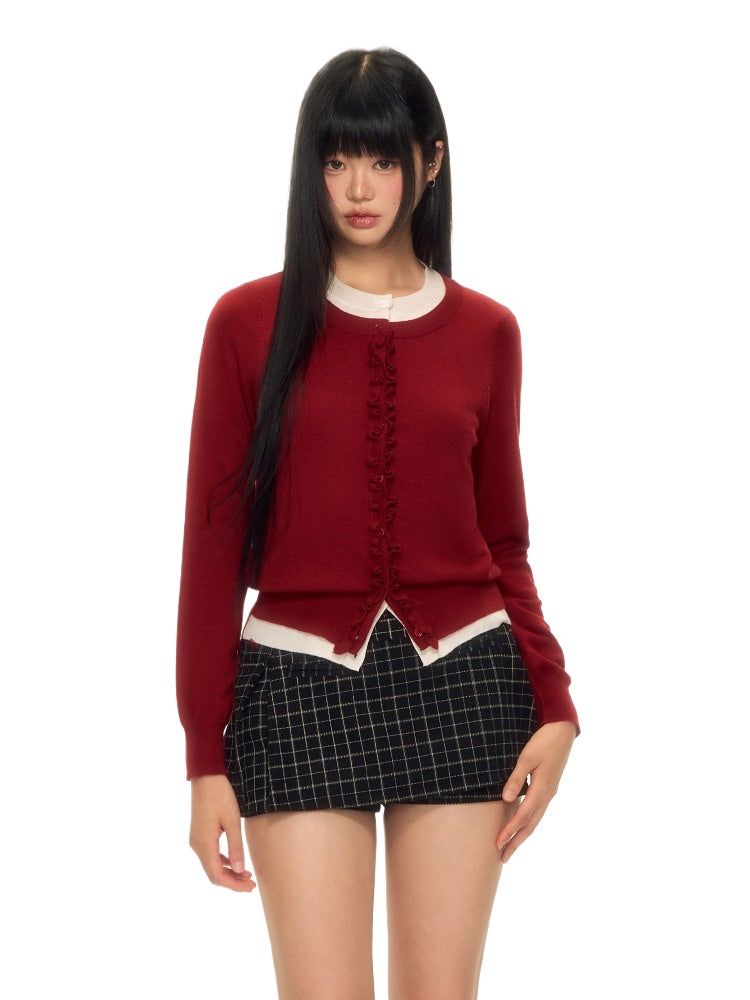 Red Layered Ruffle Trim Knit Pullover