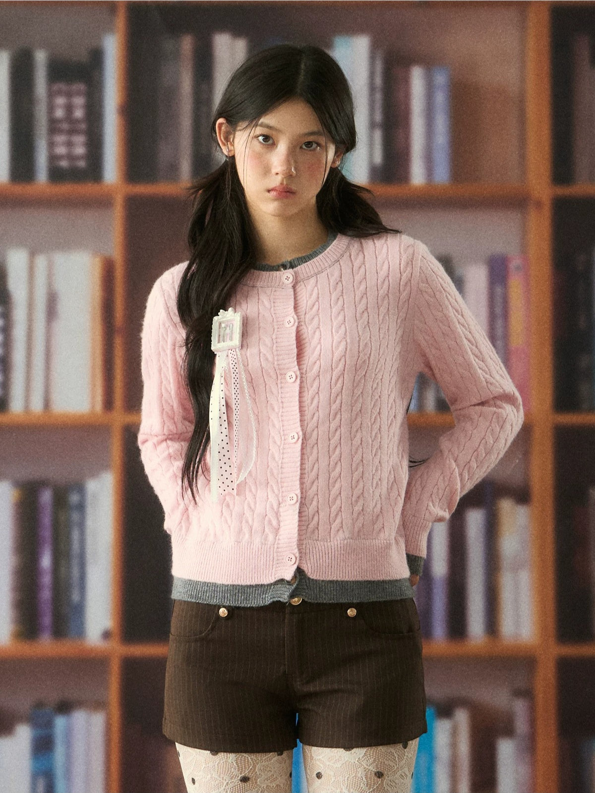 Soft Cable Knit Contrast Cardigan Sweater
