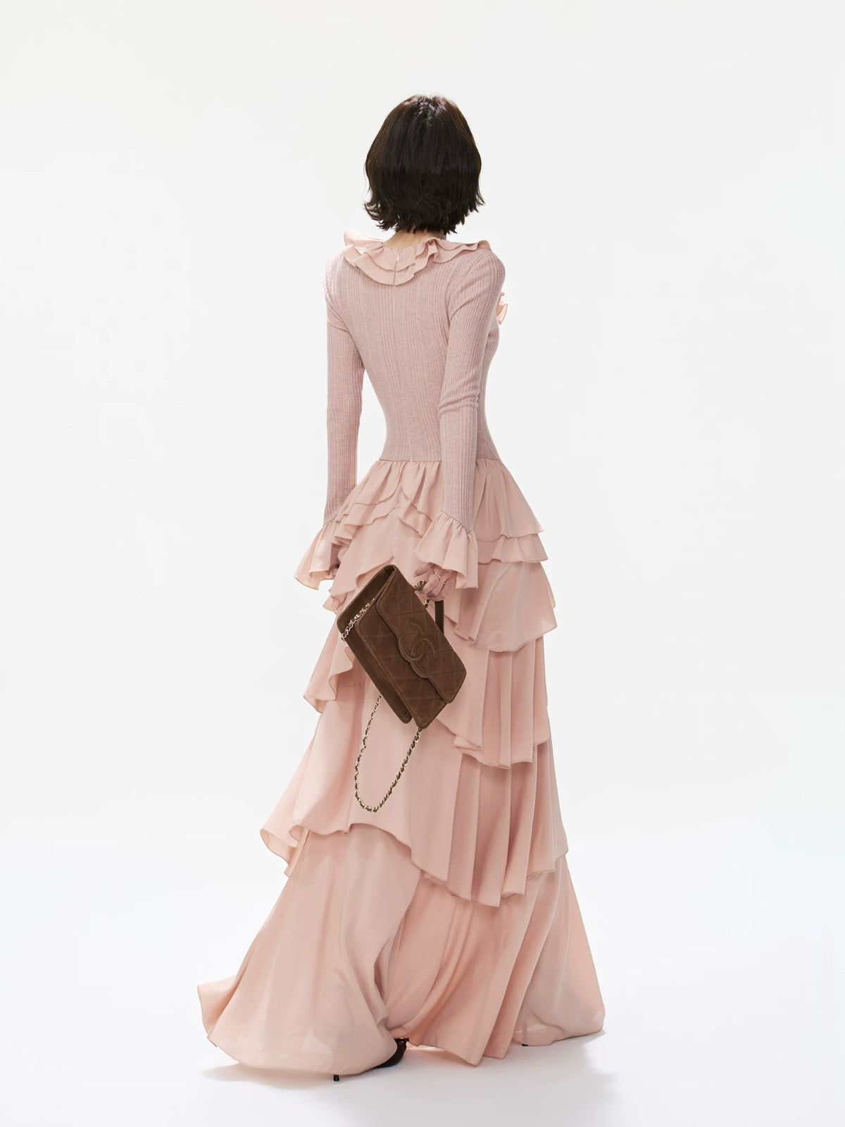Ruffled Knit Chiffon Tiered Maxi Dress